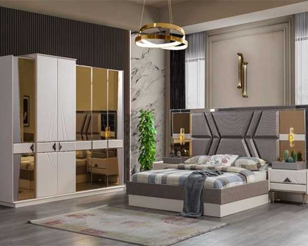 CHAMBRE A COUCHER 180X200 COMPLETE LUX PORTES BATTANTES MARRON BEIGE