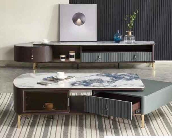 TABLE TELEVISEUR REF 3078+TABLE BASSE REF 3078 COULEUR MARRON/GRIS
