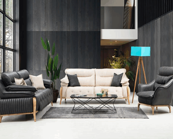 SALON CUIR 8 PLACES NUBUCK SALDA COULEUR NOIRE/CREME