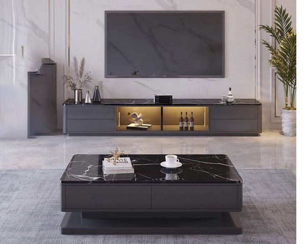 MEUBLE TV REF T2202+TABLE BASSE REF A2202 COULEUR GRIS/NOIR