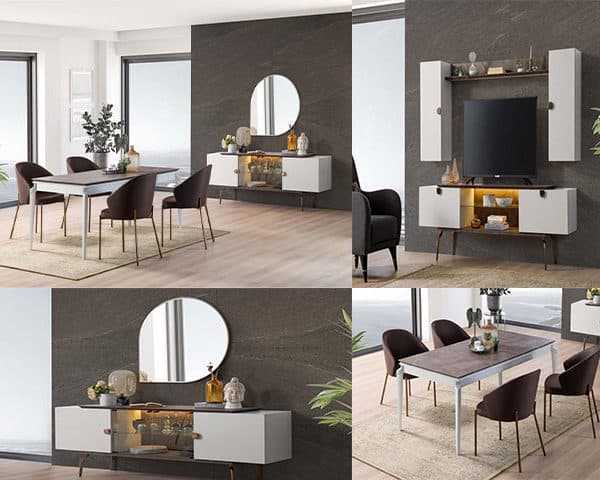 TABLE A MANGER 6 PLACES BASALTO+BUFFET MIRROIR+MEUBLE TV MARRON/BLANC