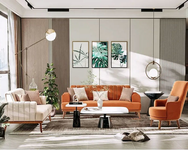 SALON TISSU 6 PLACES LIGERO COULEUR BEIGE ORANGE