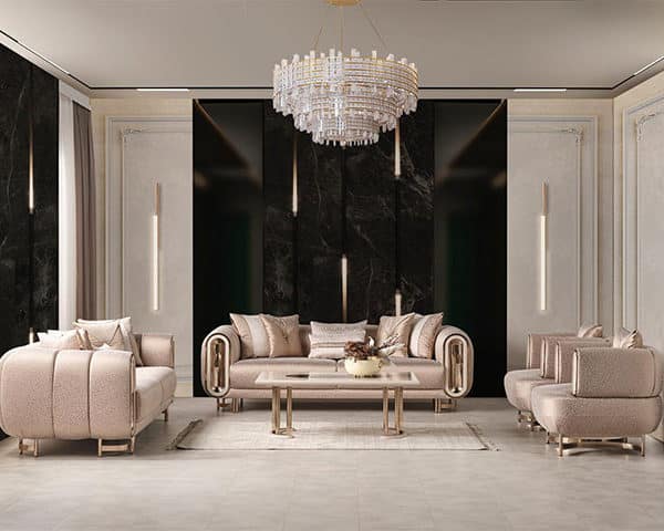 SALON EN TISSU 8 PLACES (3+3+1+1)+TABLE BASSE PERA BEIGE/MARRON/DOREE