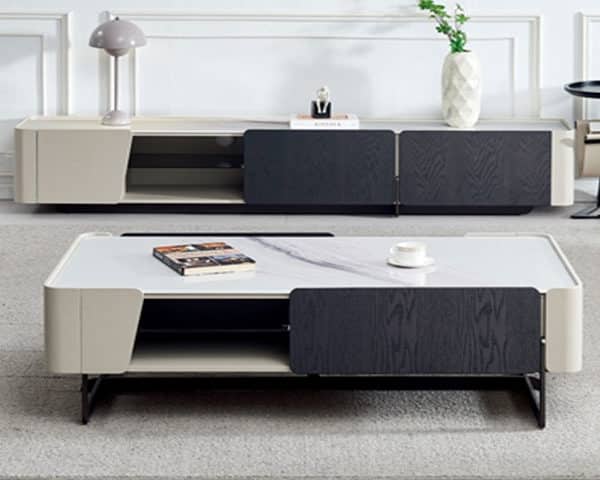 TABLE TV REF 2365/23A03+TABLE BASSE REF 23A03 BEIG/NOIR 220X40/130X70