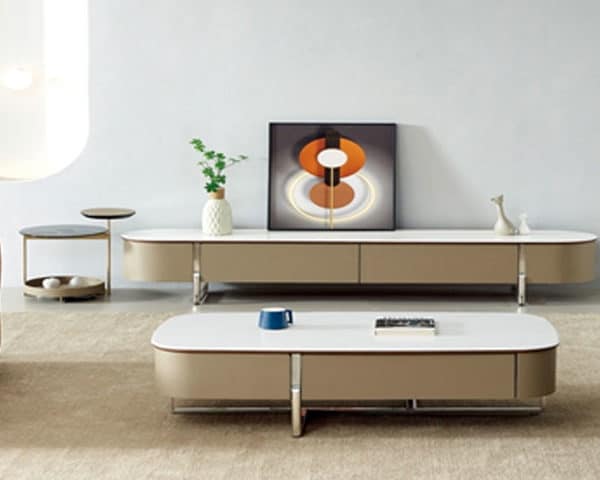 TABLE TV REF 23A09+TABLE BASSE REF 23A09 BEIG/BLAN/MARON 220X40/130X7