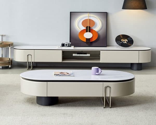 TABLE TV REF 23A22+TABLE BASSE REF 23A22 BEIG/GRI/BLANC 220X40/120X68