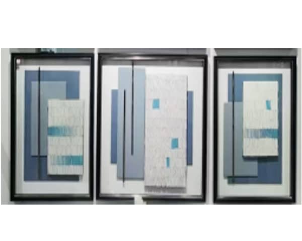 TABLEAU DE DECORATION REF 109 80X80 COULEUR BEIGE/BLEU/DORE