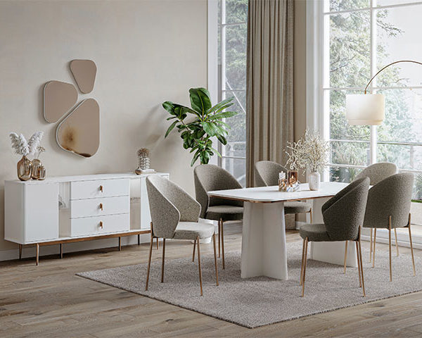 TABLE A MANGER 6 PLACES ALVITO+BUFFET MIRROIR MARRON/BLANC