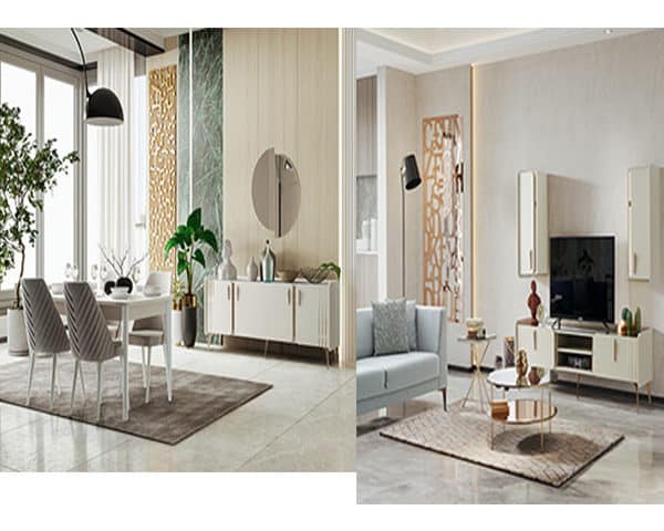 TABLE A MANGER 6P LIGERO+BUFFET MIR +MEUBL TV+TABLE BASSE+COIN+BEIG