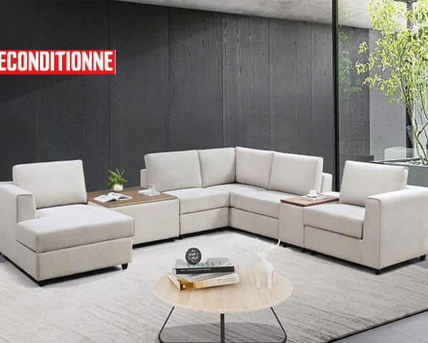 SALON TISSU 6 PLACES ANGLE V-259 COULEUR BELFAST 23 BEIGE RECOND